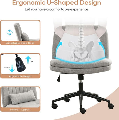 IPKIG Criss Cross Chair, Small Armless Desk Office Computer Chair with Wheels and Lumbar Pillow, Comfy Adjustable Swivel Task Vanity Chair Linen, Grey