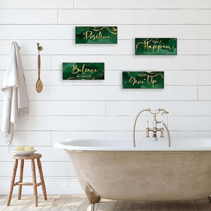FENCORDAR 4 Piece Green and Gold Wall Decor Set Motivational Wall Decor Inspirational Wooden Signs for Bedroom Bathroom Women’s Office Abstract Elegant Art for Home or Office Decoration 10X4 Inches