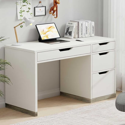 MaverickFurni White Desk with Drawers, 48 Inch Small Computer Desk with 4 Storage Drawers for Small Space, Home Office Desk for Bedroom with Storage File Drawer