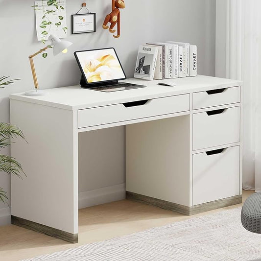 MaverickFurni White Desk with Drawers, 48 Inch Small Computer Desk with 4 Storage Drawers for Small Space, Home Office Desk for Bedroom with Storage File Drawer
