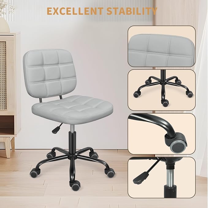 ERGOSEAT Armless Office Chair with Wheels, Small Desk Drafting Chair for Small Space, PU Leather Computer Task Chair, Height Adjustable Rolling Chair, Compact Chair for Home Office, Dorm, Light Grey