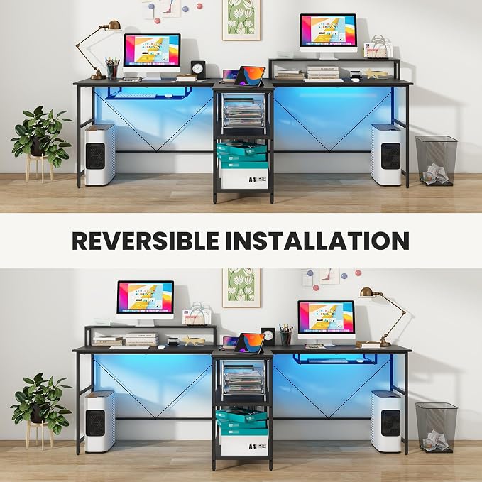 Tangkula 2-Person Reversible Computer Desk with LED Lights, 94.5” Long Office Desk with Power Outlets, Monitor Stand, Keyboard Tray & 2 Storage Shelves, Double Desk for Gaming Working Writing (Black)