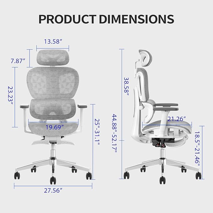 PatioMage Ergonomic Office Chair, Big and Tall Desk Chair with Adjustable Lumbar Support & Seat Depth, High Back Computer Chair, Swivel Mesh Chairs with Wheels for Home Office, White