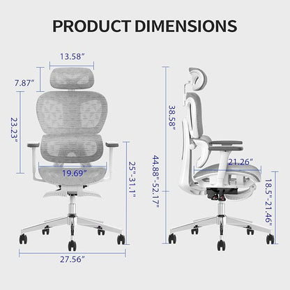 PatioMage Ergonomic Office Chair, Big and Tall Desk Chair with Adjustable Lumbar Support & Seat Depth, High Back Computer Chair, Swivel Mesh Chairs with Wheels for Home Office, White