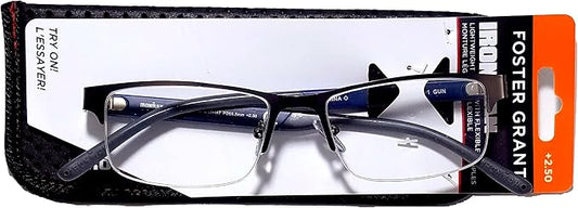 FosterGrant Ironman IronFlex IM1001 Men's Reading Glasses Semi Rimless Gun (Blue, 1.50)