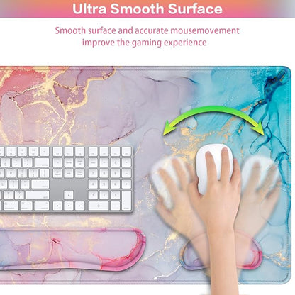 Mouse Pad Pink, Mouse Pad with Wrist Rest, 4-in-1 XXL Extended Large Desk Mat +Mousepad with Gel Wrist Support+Keyboard Wrist Rest+Coaster,Ergonomic Desk Pad for Study Gaming Home Office Computer