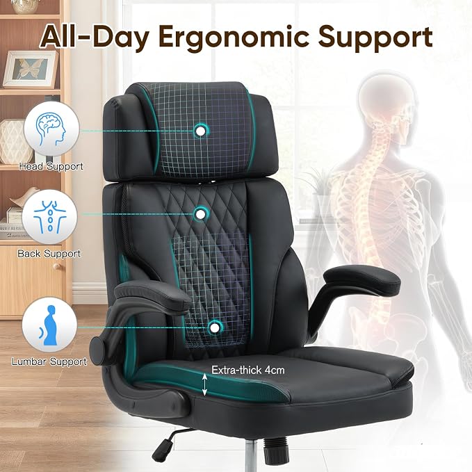 ECOTOUGE Executive Office Chair, Ergonomic Big and Tall Desk Chair with Adjustable Headrest,High PU Leather Comfy Heavy Duty Computer Chair with Padded Flip-up Arm, Black