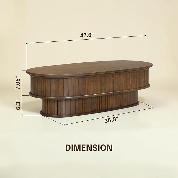 NTC Stream DOU Coffee Table, Modern Oval Wood Table with Removable Top Hidden Storage, Double-Layer Design with Vertical Groove Detail, Contemporary Center Table for Living Room, Dark Walnut
