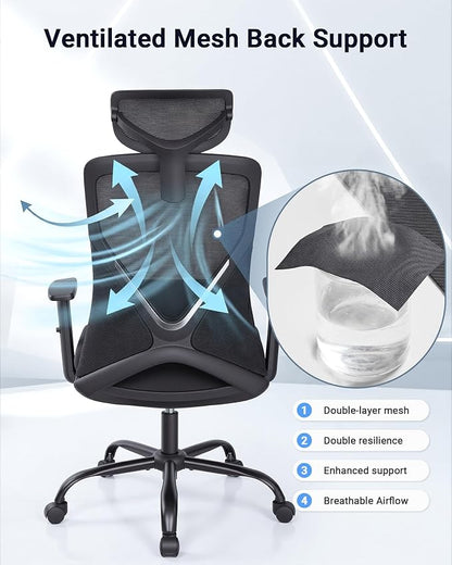 HYLONE Ergonomic Office Chair with Adaptive Gravity Balance Recline, High Back Mesh Chair with Adjustable Headrest & Lumbar Support, X-Frame Structure, Comfortable Big and Tall Home Office Chair