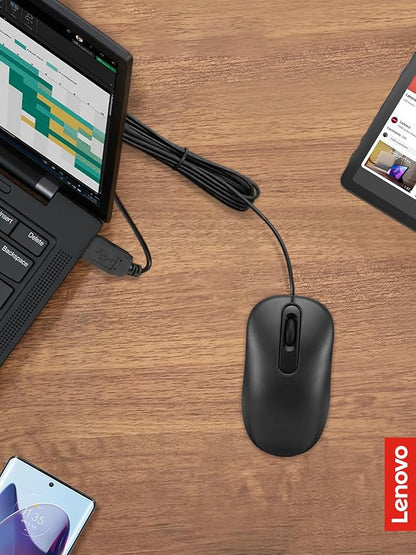 Lenovo 100 Wired USB Computer Mouse for PC, Laptop, Computer with Windows - Full-Size - Ambidextrous Design - 3 Buttons - Red Optical Sensor – Black