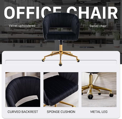 Home Office Chair Swivel Velvet Desk Chair Accent Armchair Upholstered Modern Tufted Chairs with Gold Base for Girls Women Ergonomic Study Seat Computer Task Stools for Living Room(Black)
