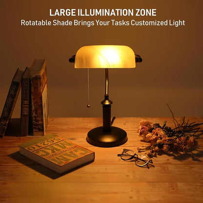 TORCHSTAR Pale Yellow Glass Bankers Desk Lamp with Pull Chain, E26 Base | Uniquely Textured Base, Antique Traditional Library Lamp for Office Study Room, Bulbs not Included