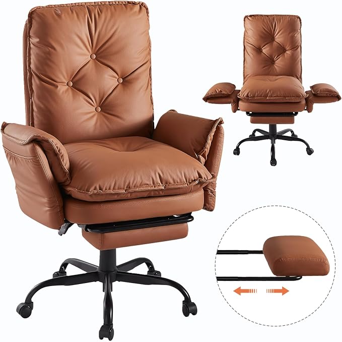 Bestier Cross Legged Office Chair with Footrest, High Back Criss Cross Chair with Reversible Armrests and Wheels, Big and Tall Reclining Office Chair for Home PU Leather Brown