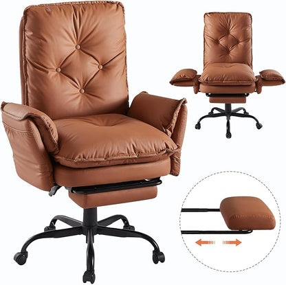 Bestier Cross Legged Office Chair with Footrest, High Back Criss Cross Chair with Reversible Armrests and Wheels, Big and Tall Reclining Office Chair for Home PU Leather Brown