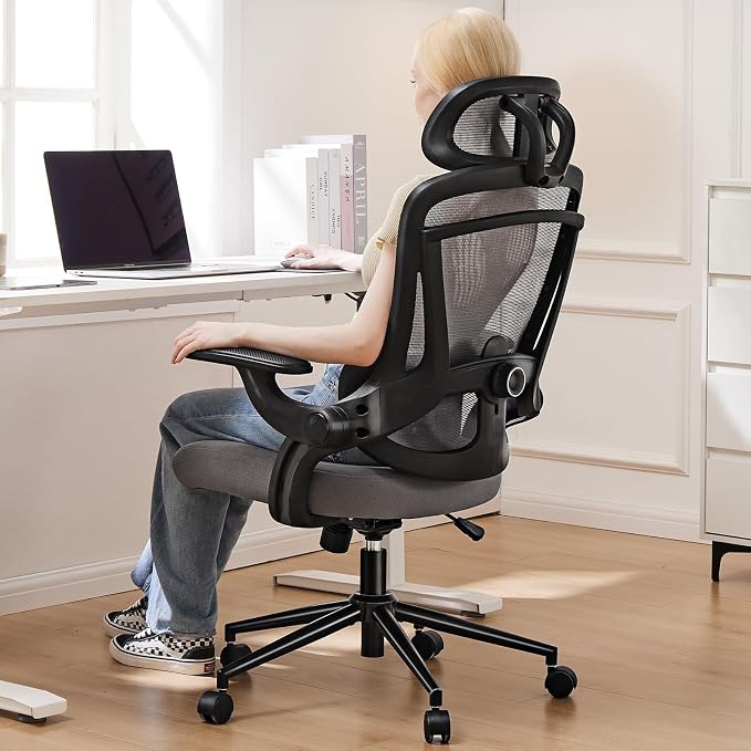 Sweetcrispy Office Ergonomic Desk Chair, 300 LBS Home Mesh Chairs with Wheels, 2D Headrest, Up&Down Lumbar Support, Swivel High Tall Back Computer with Flip-up Armrests, Dark Grey