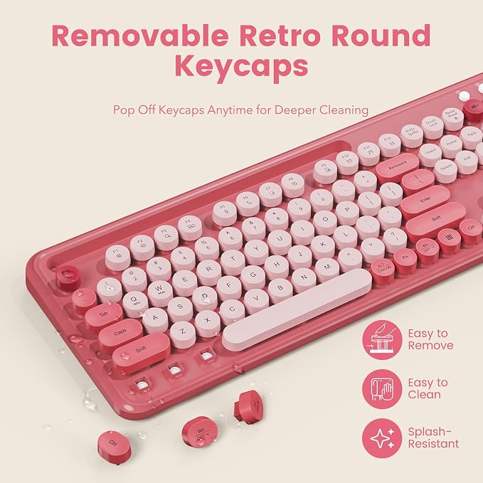 Wireless Keyboard and Mouse Combo, Retro Round Keycaps, Full-Size Stylish Typewriter Keyboard with Large Phone/Tablet Holder, 3-Level DPI Ergonomic Mouse, 2.4GHz Cordless for Windows PC, Rose Pink