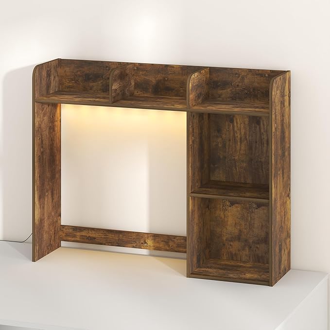 Furinno Classic Desk Shelf with LED Lights, 5-Shelf Hutch, Amber Pine | LED Desktop Book Shelf, Desk Organzier, for Office Supplies, Office Desk Accessories