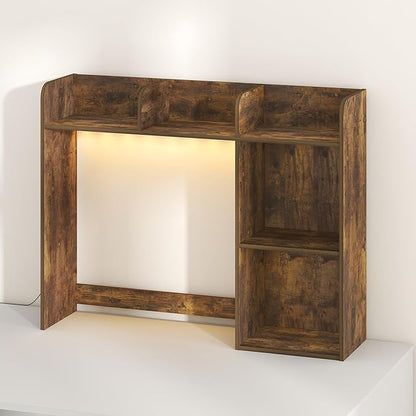 Furinno Classic Desk Shelf with LED Lights, 5-Shelf Hutch, Amber Pine | LED Desktop Book Shelf, Desk Organzier, for Office Supplies, Office Desk Accessories