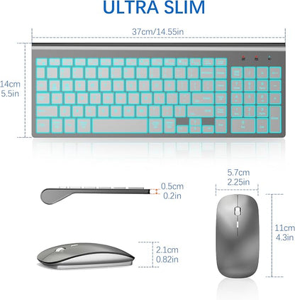 Wireless Backlit Keyboard and Mouse Ultra Slim Combo, TopMate 2.4G Silent Compact 2400DPI Mouse and Scissor Switch Keyboard Set, Batteries Included, for PC/Laptop/Windows/Mac/Gaming - BL Gray Silver