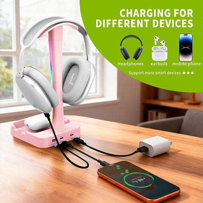 Headphone Stand with Charger,Gaming Headset stand with RGB Light Mode,For Airpod Max Stand,Desk Lamp,Phone Holder,Tablet Holder,desktop organizer,Gifts for Gamers & Music Lover (Pink)