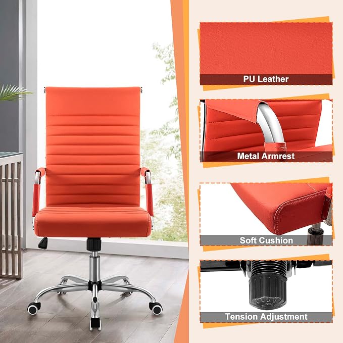 Shahoo Ribbed Office Chair, Mid-Back PU Leather Office Chair Executive Task Chair with 360° Swivel Wheels for Conference Room, Home Offices (Orange)