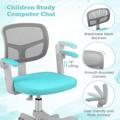 Giantex Kids Desk Chair, Ergonomic Adjustable Student Rolling Chair with Footrest & Flip-up Armrest, Mesh Children Office Chair with Universal Wheels, Kids Computer Chair for Boys & Girls, Turquoise