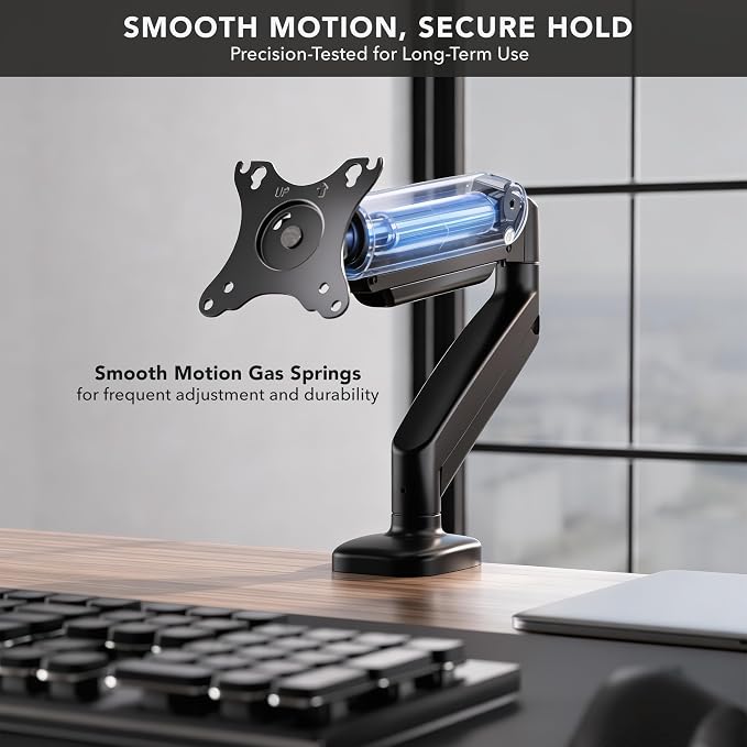 Mount-It! Single Monitor Arm Desk Mount, Gas Spring Monitor Mount, Fits 13–32" Screens up to 17.6 lbs, VESA 75x75 & 100x100, Full Motion Tilt Swivel Rotate, C-Clamp & Grommet Base