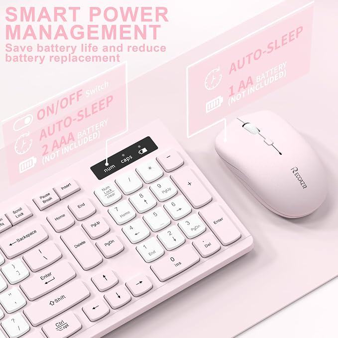 Wireless Keyboard and Mouse Combo, Full-Sized Quiet Wireless Keyboard and Adjustable DPI Mouse, 2.4GHz USB Receiver, Keyboard and Mouse for PC, Windows, Desktop, Laptop (Pink and White-B)