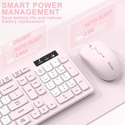 Wireless Keyboard and Mouse Combo, Full-Sized Quiet Wireless Keyboard and Adjustable DPI Mouse, 2.4GHz USB Receiver, Keyboard and Mouse for PC, Windows, Desktop, Laptop (Pink and White-B)