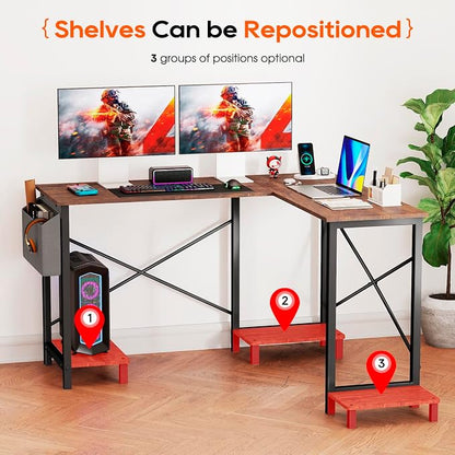 FDW 50 Inch L-Shaped Desk,Gaming Desk Computer Desk with Side Storage Bag & CPU Stand,Corner Desk for Home Office,Bedroom,Writing & Gaming,Brown