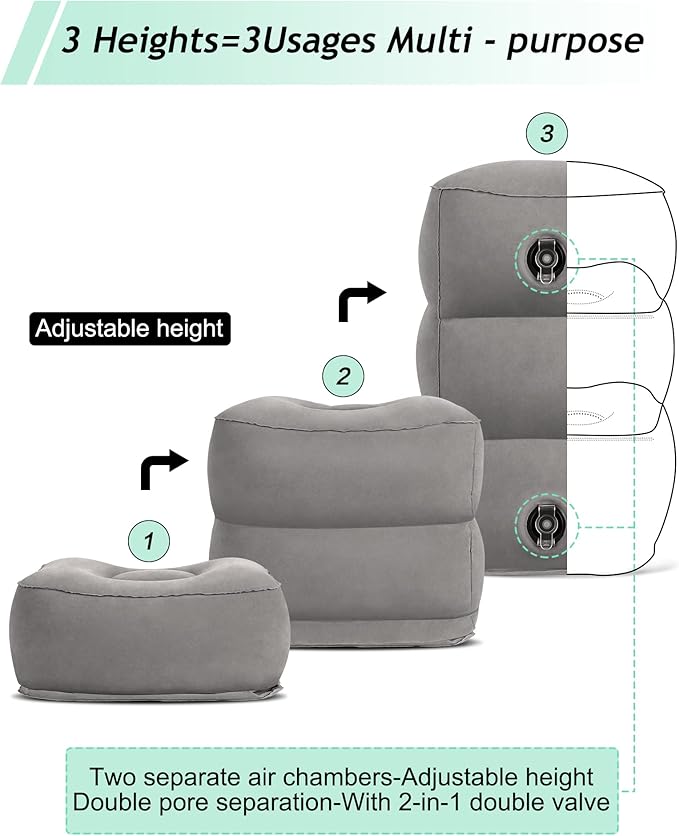 Inflatable Travel Foot Rest Pillow,Kids Airplane Bed,Adjustable Height Flight Pillow,Travel Essentials for Airplane,Office,Home,Trains,Cars