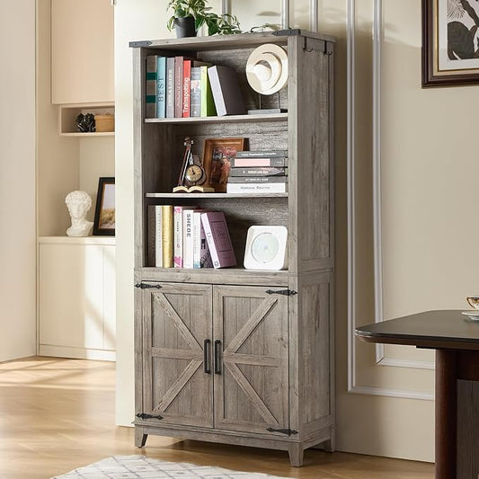 Joaxswe 5 Tier Bookshelf 70in Tall Bookcase with Barn Doors and Storage Cabinet, Grey Farmhouse Book Shelf with Adjustable Shelves, Wood Freestanding Display Bookshelves for Bedroom, Kitchen (3 PCS)