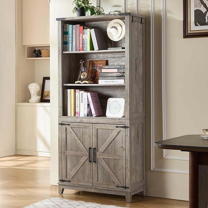 Joaxswe 70in Tall Bookshelf 5 Tier Bookcase with Barn Doors and Adjustable Shelves, Grey Farmhouse Book Shelf with Storage Cabinet, Wood Freestanding Display Bookshelves for Bedroom, Kitchen (2 PCS)