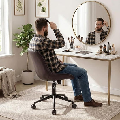 Rowill Modern Office Chair - Ergonomic Swivel Leather Desk Chair with Curved Backrest, Height Adjustable Rolling with Wheels, Perfect for Study Room & Office, Brown