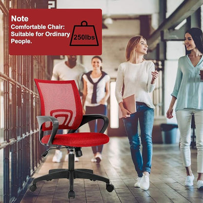 BestOffice | Ergonomic Office Chair | Mid-Back Swivel Desk Chair | Breathable Backrest & Lumbar Support | Adjustable Height | Sponge Seat | Rolling Wheels | Red | for Adults & Women