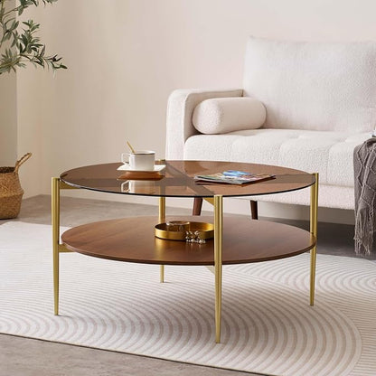 LumFurn Extra Large Round Coffee Table, Mid-Century Modern Design, D34 x H17 in, for Living Room, 2-Tier Structure, Amber Glass Top and Walnut MDF Shelf, Sleek Conical Metal Legs with Gold Finish