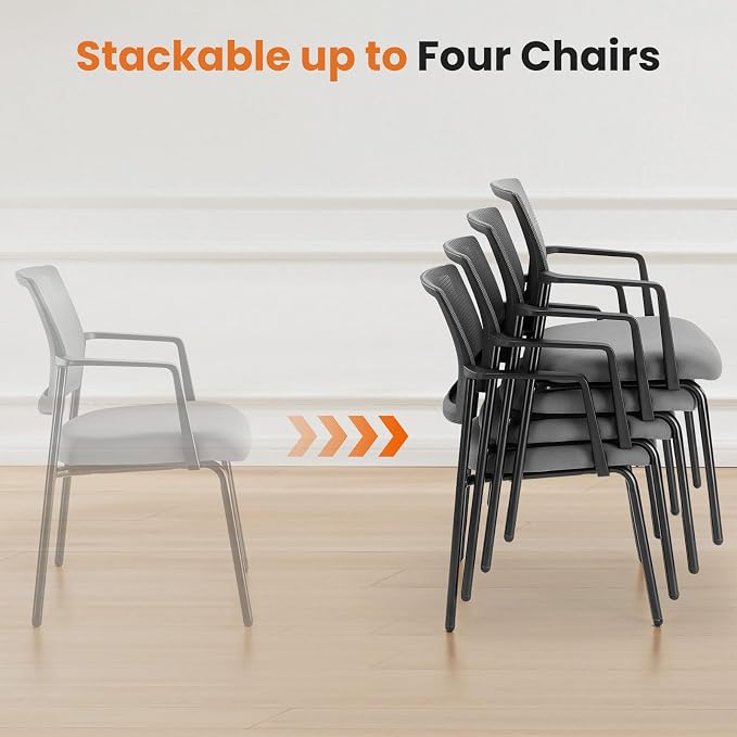 Mesh Back Stacking Arm Chairs, Office Reception Guest Chair with Upholstered Fabric Seat and Ergonomic Lumber Support, Sturdy Metal Office Chairs, Grey-4pack