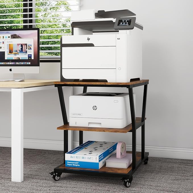 Natwind 3-Tier Large Printer Stand,23.6"x23.6"x29.5" Heavy-Duty Printer Table Cart with Paper Storage Shelf & Wheels,Ideal for Home Office Laser Printers, Copiers (Retro)