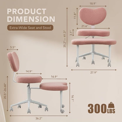 Cross Legged Office Chair, 360° Swivel Yoga Meditation Chair, Ergonomic Height Adjustable ADHD Criss Cross Office Chair with Wheels, Lumbar Support for Home Office, Pink