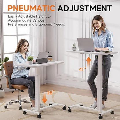GTPLAYER Small Standing Desk with Lockable Wheels, Pneumatic Mobile Rolling Laptop Desk,Adjustable Height Overbed Bedside Table Computer Workstation for Home Office (32" W x 18" D, White)