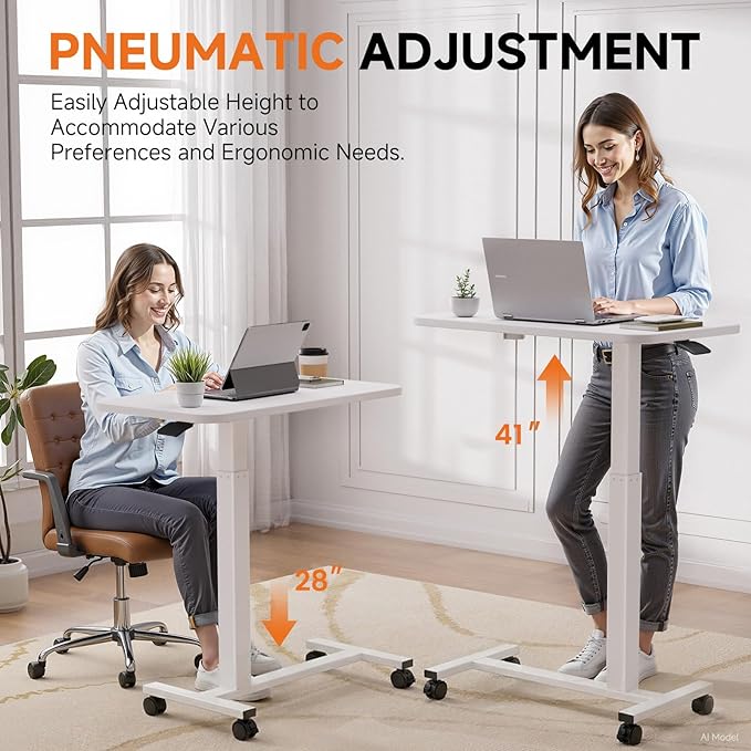 GTPLAYER Small Standing Desk with Wheels, Pneumatic Mobile Rolling Laptop Desk, Adjustable Height Overbed Bedside Table Computer Workstation for Home Office (28" W x 16" D, White)