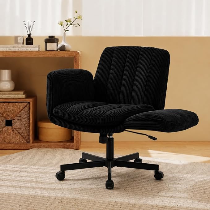Criss Cross Office Chair with Wheels and Arms, Vanity Chair with Back, Comfy Swivel Cross Legged Office Chairs for Ultimate Comfort and Support, Unique Multifunctional Stylish Arms (Corduroy Black)