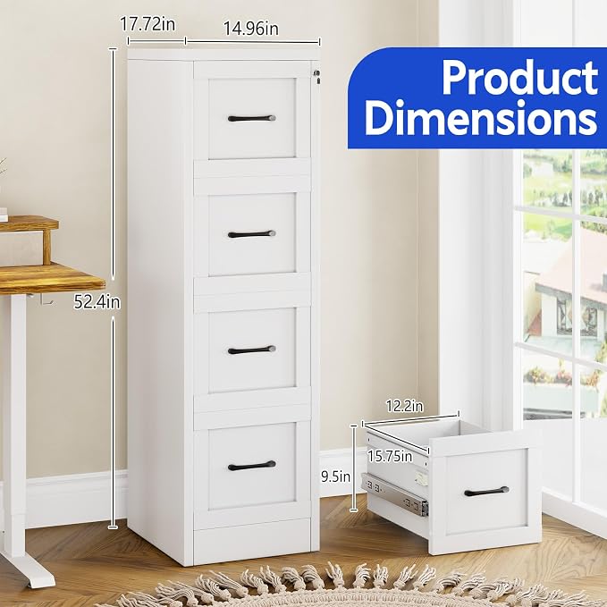 Small Metal 4-Drawer File Cabinet, Under-Desk Filing Cabinet, White | Locking, Adjustable Hanging Rail, Fit A4, FC, Letter, Hanging File Folders for Home Office Storage Organization, 2PS