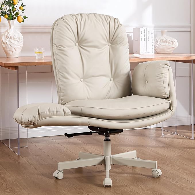 amseatec Criss Cross Office Chair with Armrests & Wheels, Recline 90/135 Lock, 400LBS Big and Tall Executive Office Chair, PU Leather Computer Desk Chair for Home & ADHD（Cream）