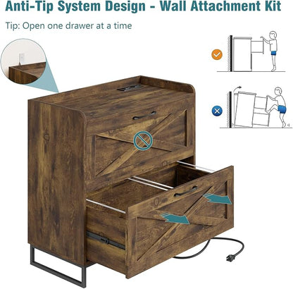 Vabches Lateral File Cabinet 2 Drawer File Cabinet with Charging Station for Legal/Letter/A4 Size Hanging Files, Large Wood File Storage Cabinets Printer Stand for Home Office, Rustic Brown