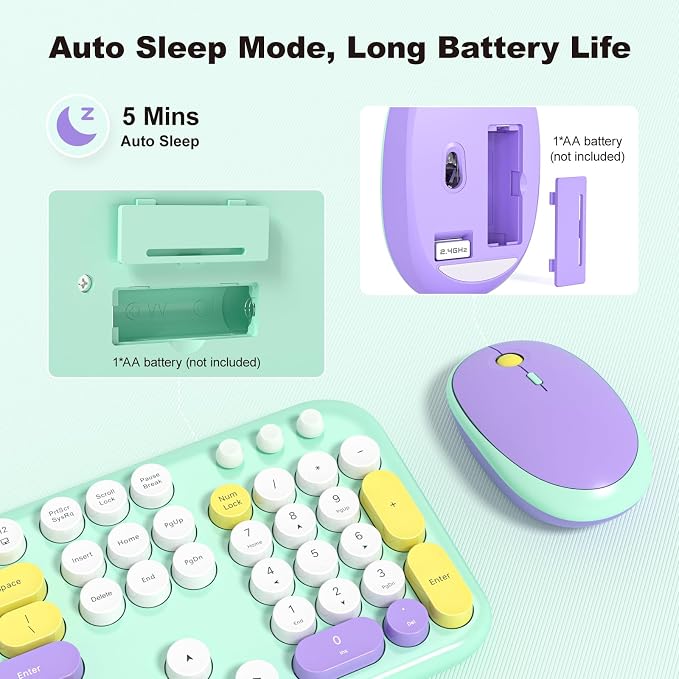 MOFII Wireless Keyboard and Mouse Combo, Full-Size Retro Typewriter-Style Wireless Keyboard with Optical Mouse for Computer/Laptop/Windows/Mac (Mint Colorful)