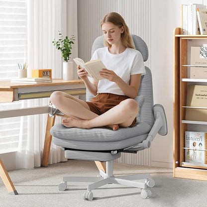GXJ Criss Cross Legged Office Chair with Flip-up Arms, Footrest, G800 Plus | 6.3" Cushion Relieves Tailbone Pain, Head-Lumbar Support Eases Fatigue, Smooth Rolling Wheels, Corduroy Desk Seating, Grey