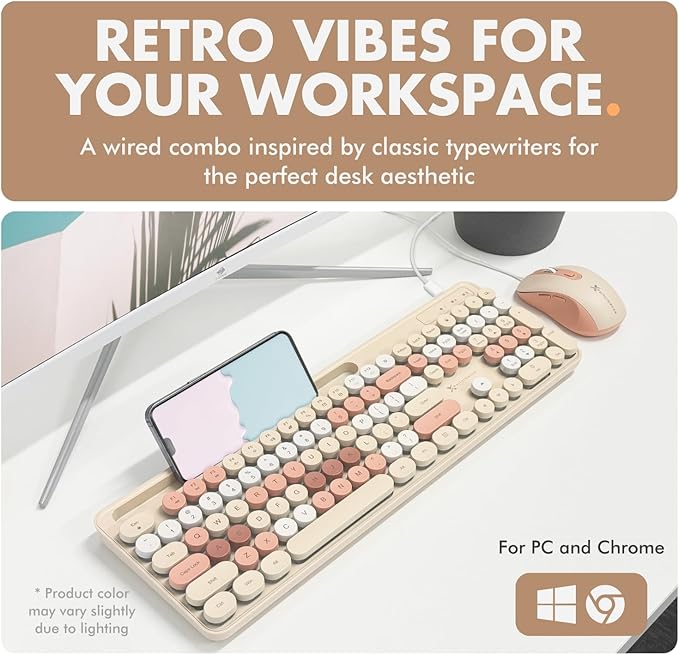 X9 Wired Keyboard and Mouse Combo with Phone/Tablet Holder - Full-Sized 109 Keys Pastel Keyboard and Adjustable DPI, Backlit Keyboard and Mouse for PC, Windows, MAC, Desktop, Laptop - Brown