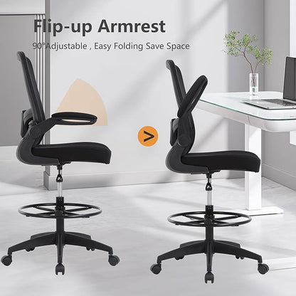 BestOffice Drafting Chair Tall Office Chair Adjustable Height with Lumbar Support Flip Up Arms Footrest Mid Back Task Mesh Desk Chair Computer Chair Drafting Stool for Standing Desk (B-Black)