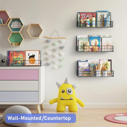 MFTEK Wall Mounted Metal Kids Bookshelf - Wall Book Shelf for Kids Rooms, Hanging Book Shelves Organizer for Room Decor, Nursery Classroom Home Floating Bookshelves Gloss Black 4 Pack